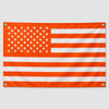 An American flag design featuring white stars on a red field and horizontal orange stripes.