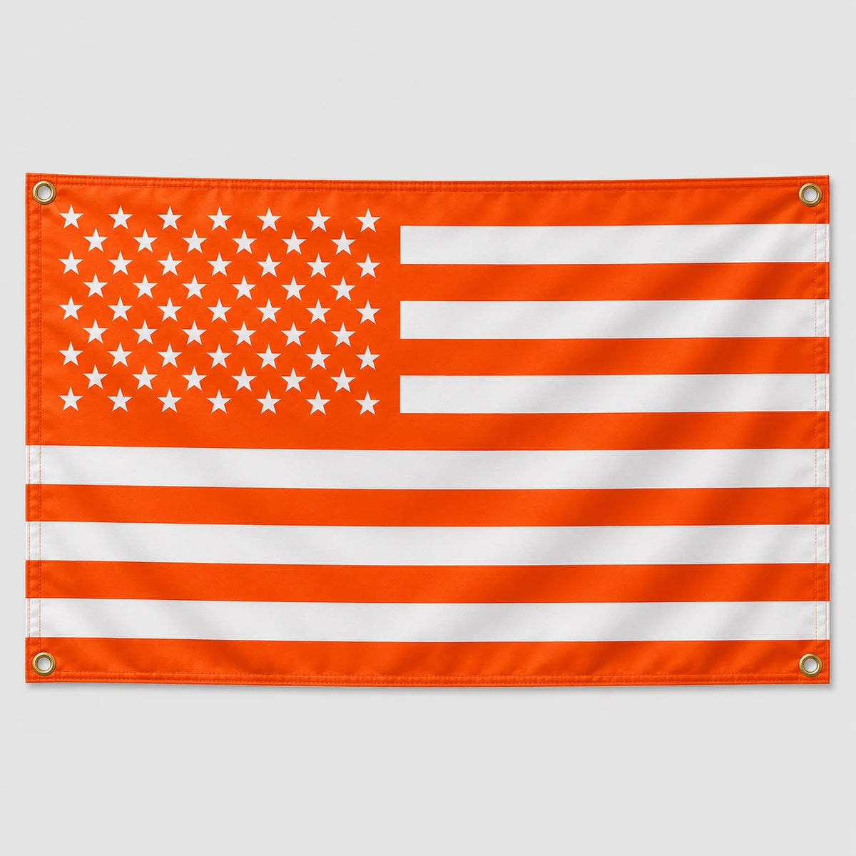 An American flag design featuring white stars on a red field and horizontal orange stripes.