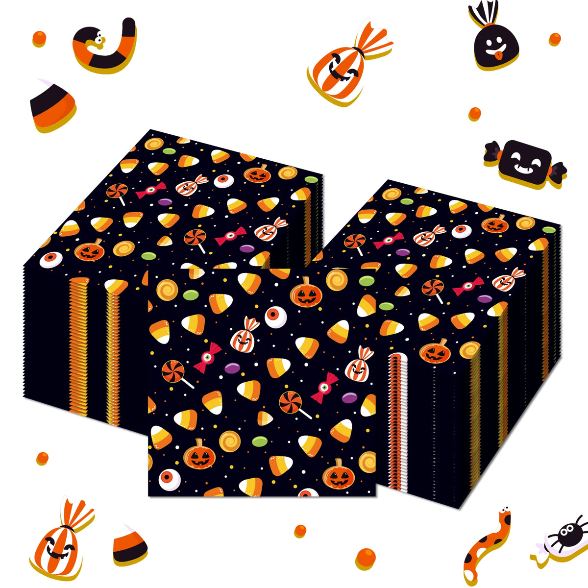 A collection of Halloween themed paper napkins featuring skeletons, spiders, and pumpkins scattered on a white background.