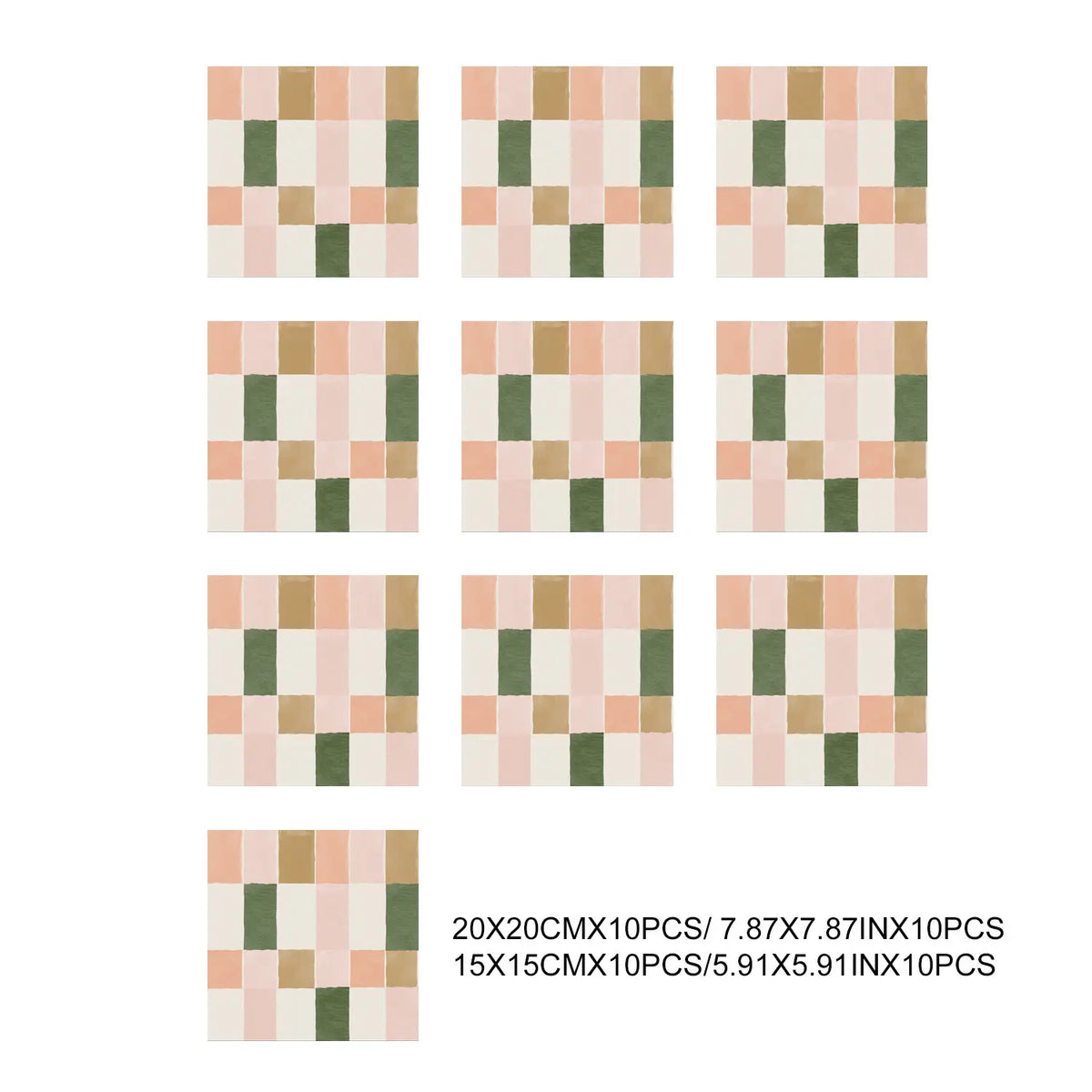 A grid of pink and green peel-and-stick vinyl tile backsplash squares.