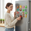 A woman is looking at a refrigerator door decorated with a set of twelve colorful animal fridge magnets.