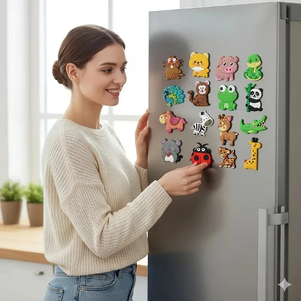A woman is looking at a refrigerator door decorated with a set of twelve colorful animal fridge magnets.