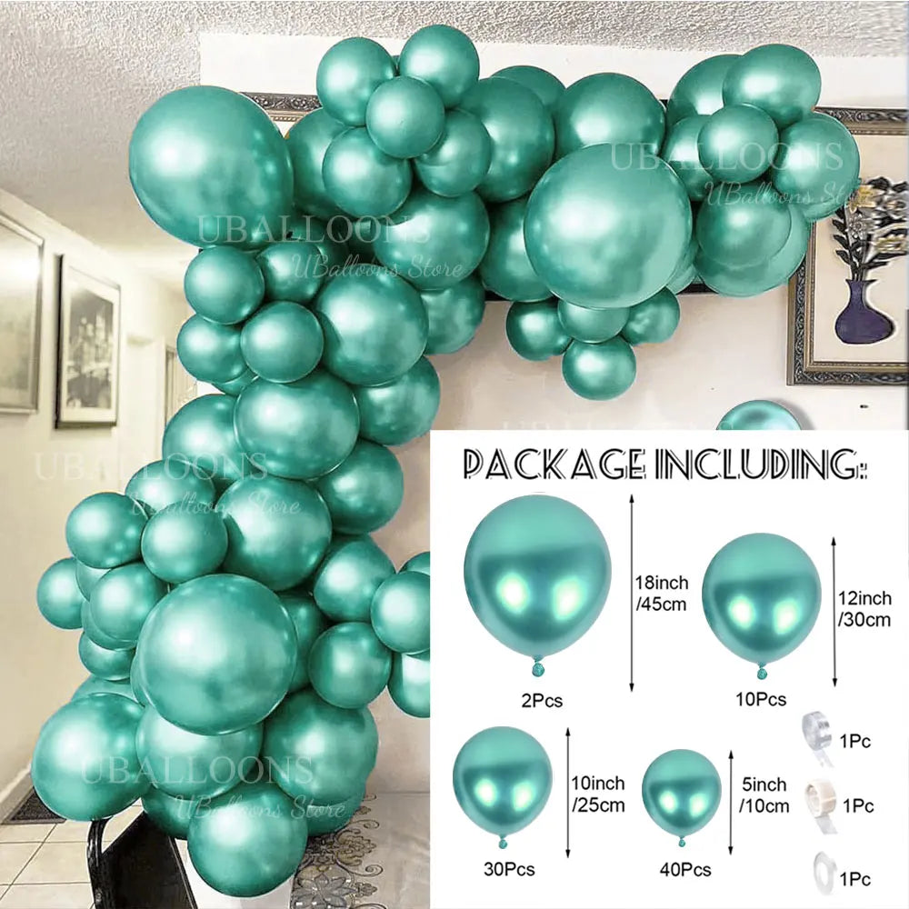 A large cluster of metallic teal balloons arranged in a garland style with various sizes and colors.