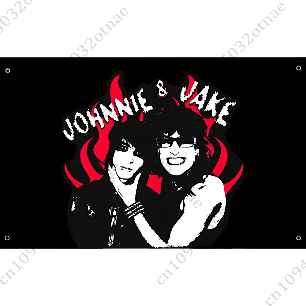 A black and white illustration of two people with dark hair and glasses, surrounded by red flames, with the text JOHNNIE & JA
