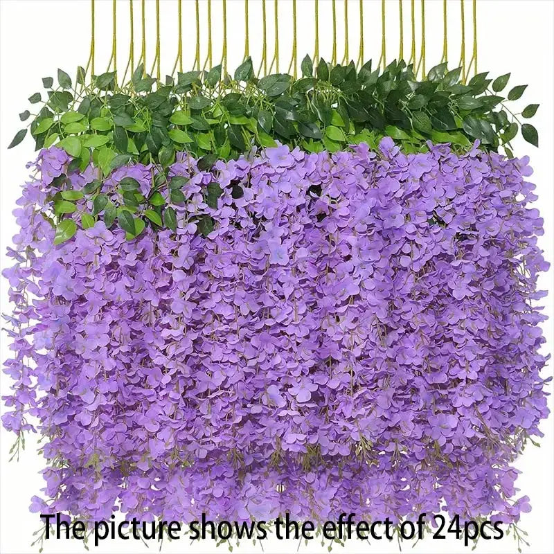 A dense cascade of purple artificial wisteria vine flowers hanging in a green planter.