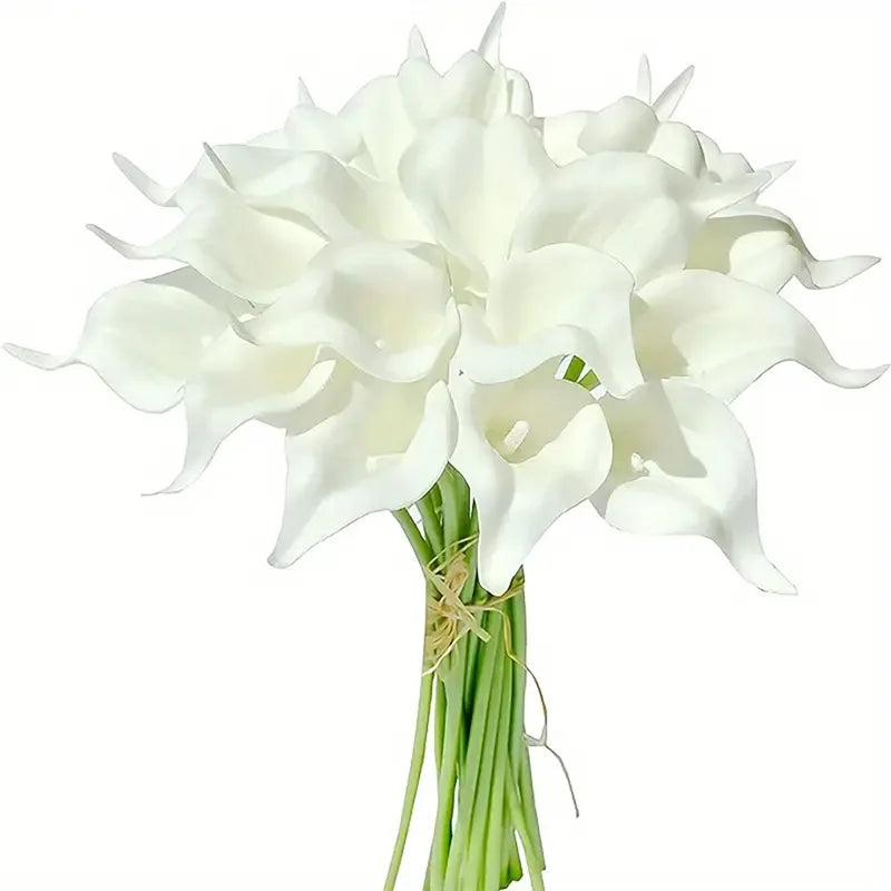 A bouquet of white calla lily stems used for bouquets and decor.