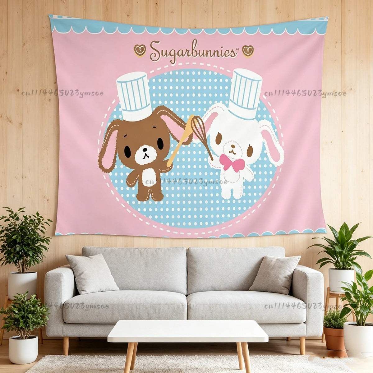 A pink and blue tapestry featuring two cute bear-like characters labeled Sugarbunnies