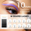 Close-up of a person's eye showing various W-shaped eyelash styles for application.