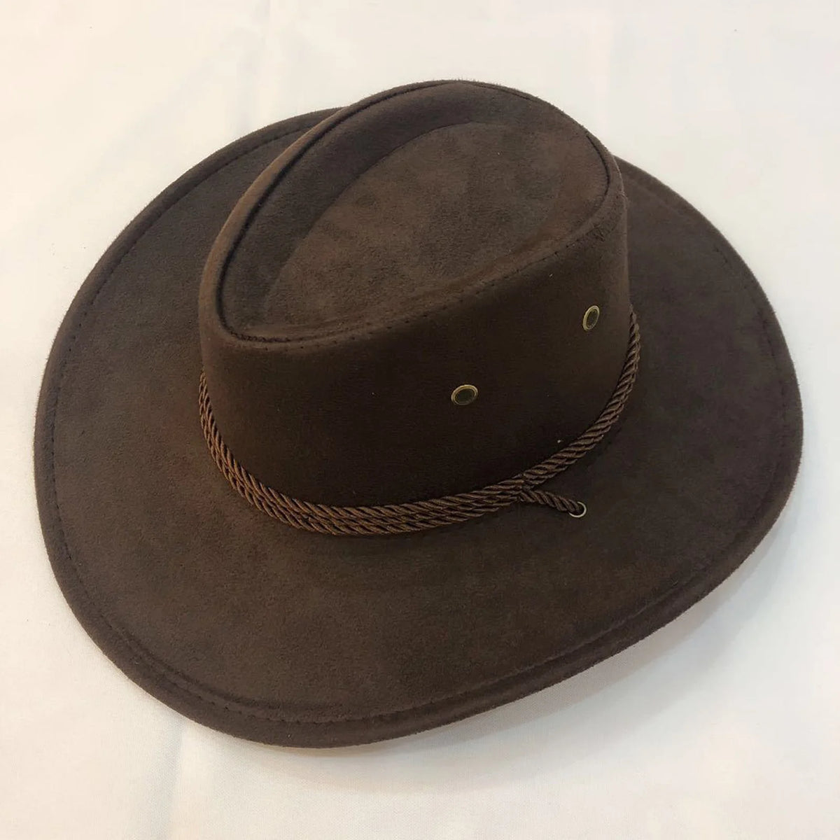 A dark brown classic western cowboy hat with a wide brim and an adjustable drawstring.