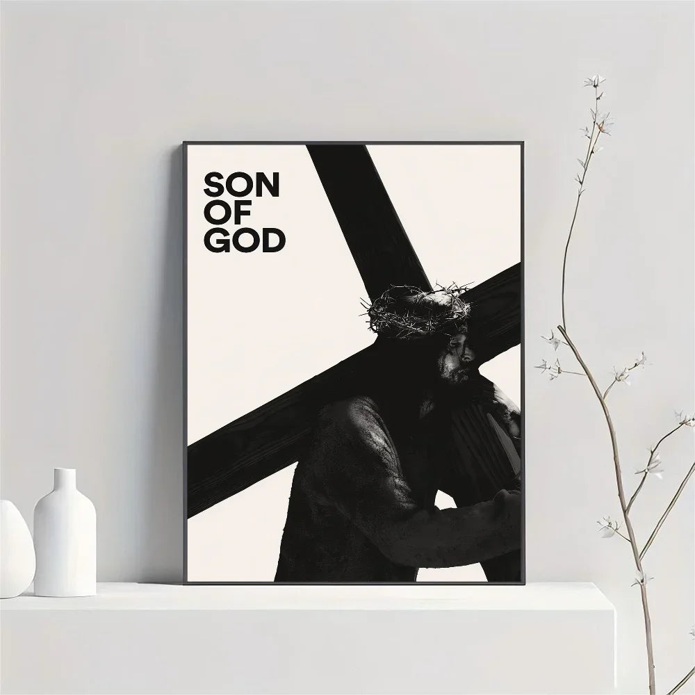 Black and white canvas art print depicting a silhouette of a figure with a crown of thorns against a stark background.