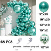 A teal balloon garland arch featuring iridescent and metallic silver balloons with confetti accents.