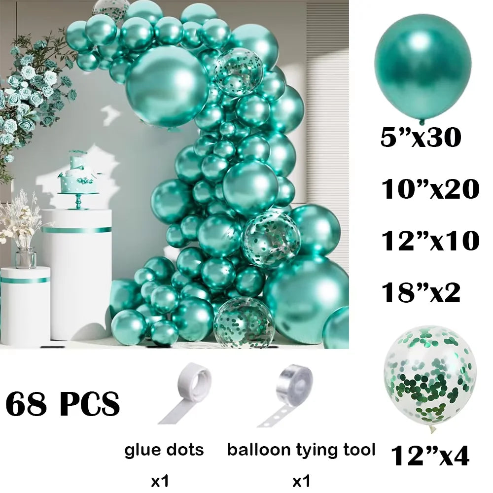 A teal balloon garland arch featuring iridescent and metallic silver balloons with confetti accents.