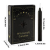 A black box containing witchcraft candles with a star design and a single black taper candle shown next to the packaging.