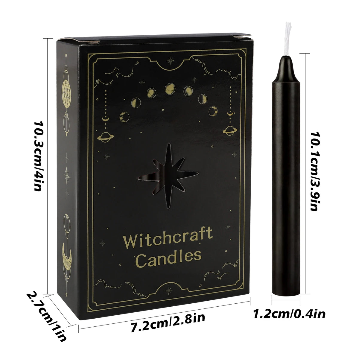 A black box containing witchcraft candles with a star design and a single black taper candle shown next to the packaging.