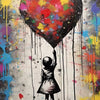 Banksy style art featuring a dripping red heart and a silhouette of a child holding it.