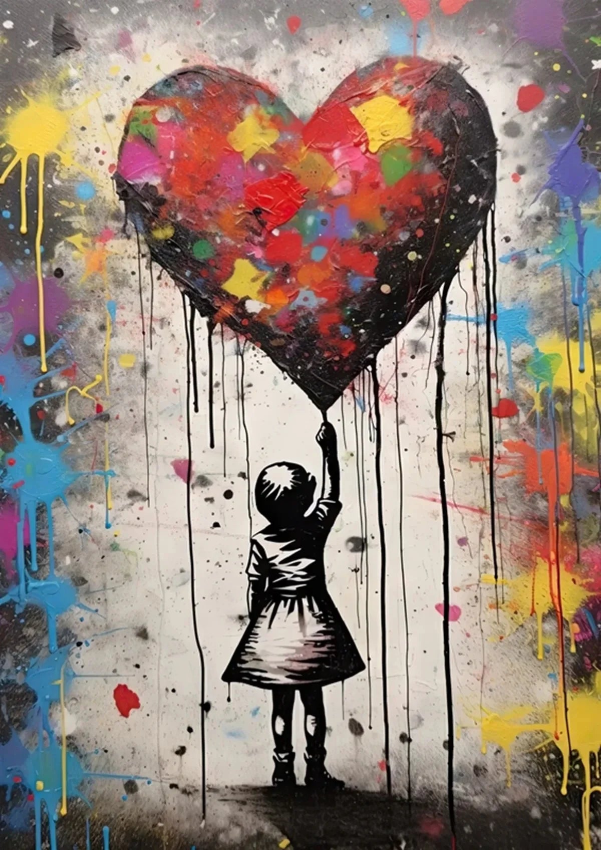 Banksy style art featuring a dripping red heart and a silhouette of a child holding it.