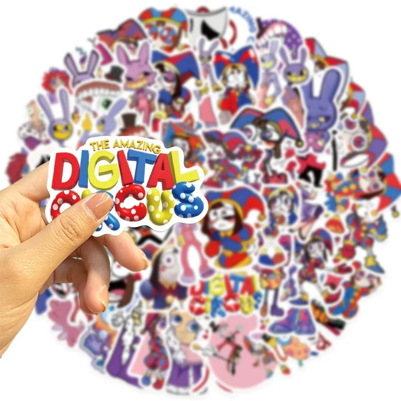 A circular sticker set featuring various characters from The Amazing Digital Circus