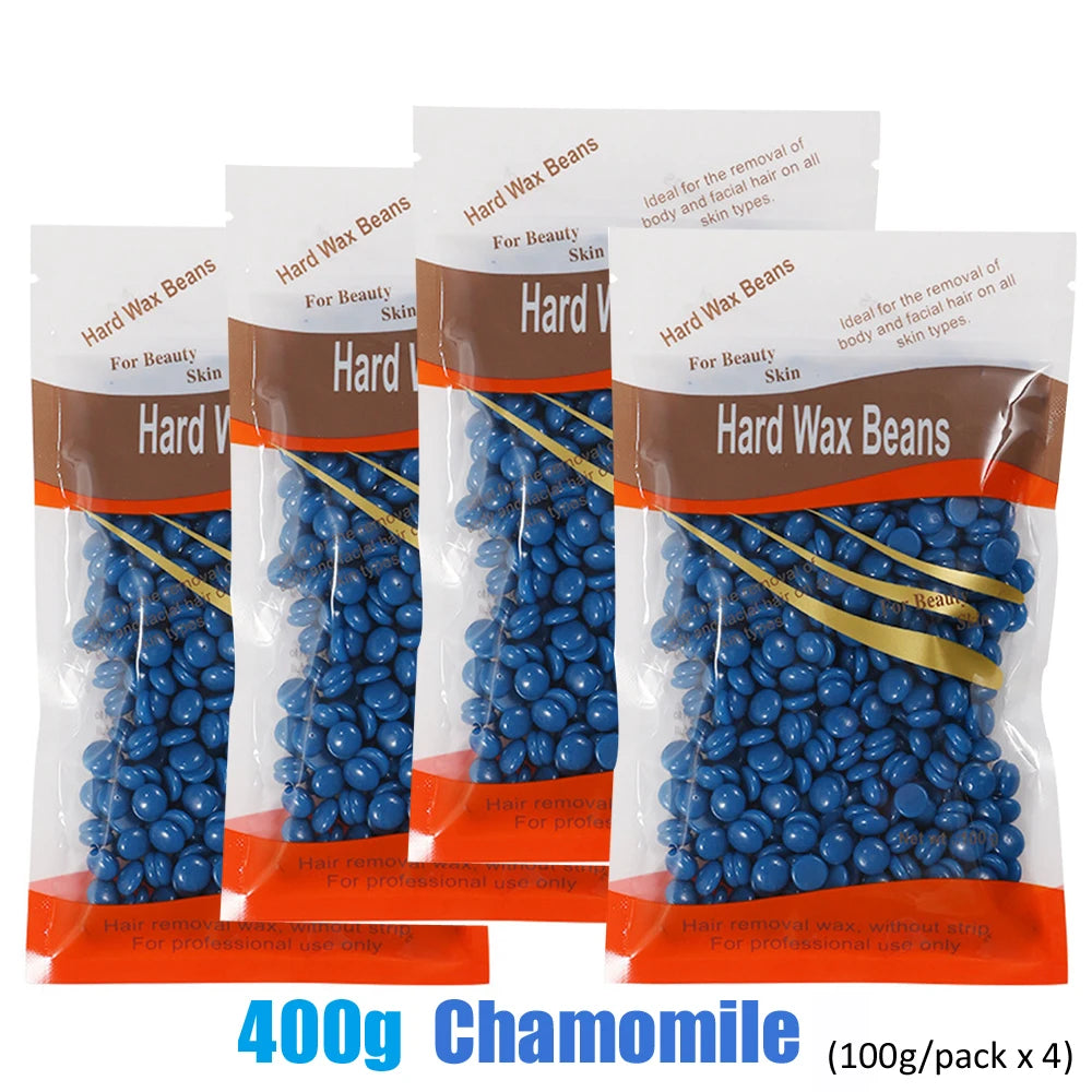 Four packages of Hard Wax Beans for body hair removal, packaged in clear plastic bags.