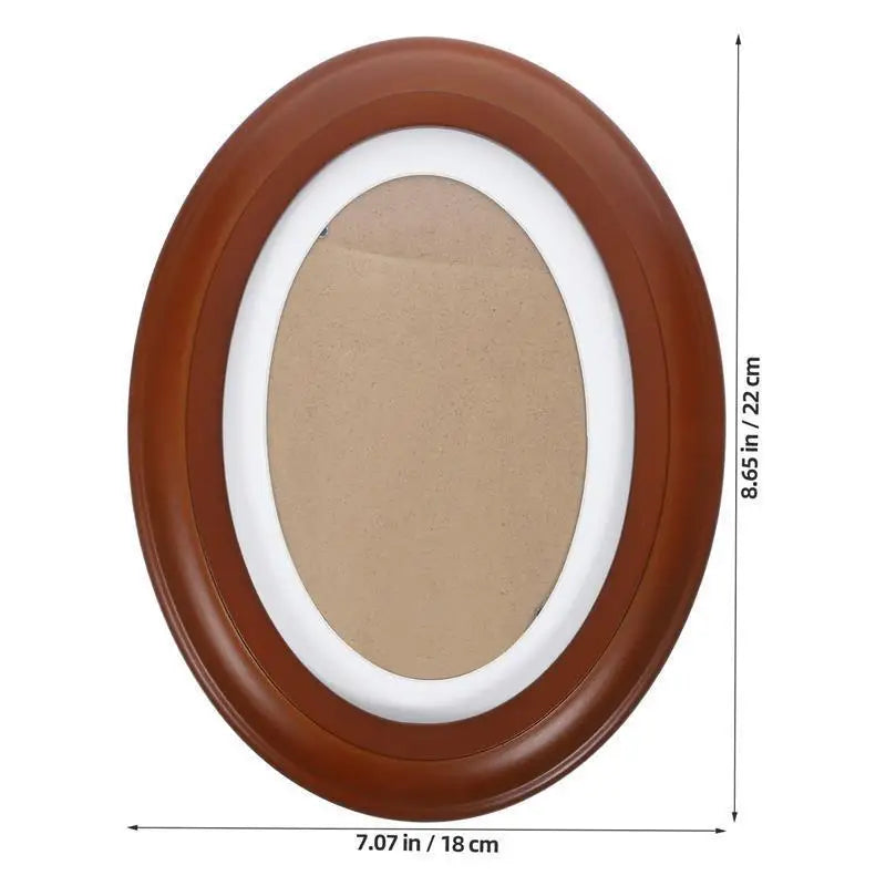 An elegant oval wooden wall photo frame with a light beige insert and white border.