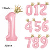 Pink aluminum foil crown number balloons in various sizes including 1, 0, 2, 3, 4, 5, 6, 7, 8, and 9.