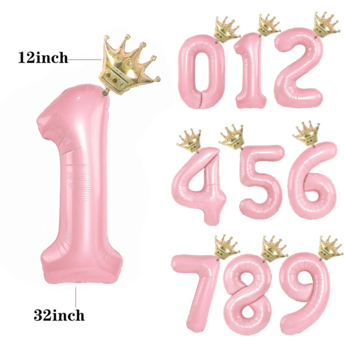 Pink aluminum foil crown number balloons in various sizes including 1, 0, 2, 3, 4, 5, 6, 7, 8, and 9.