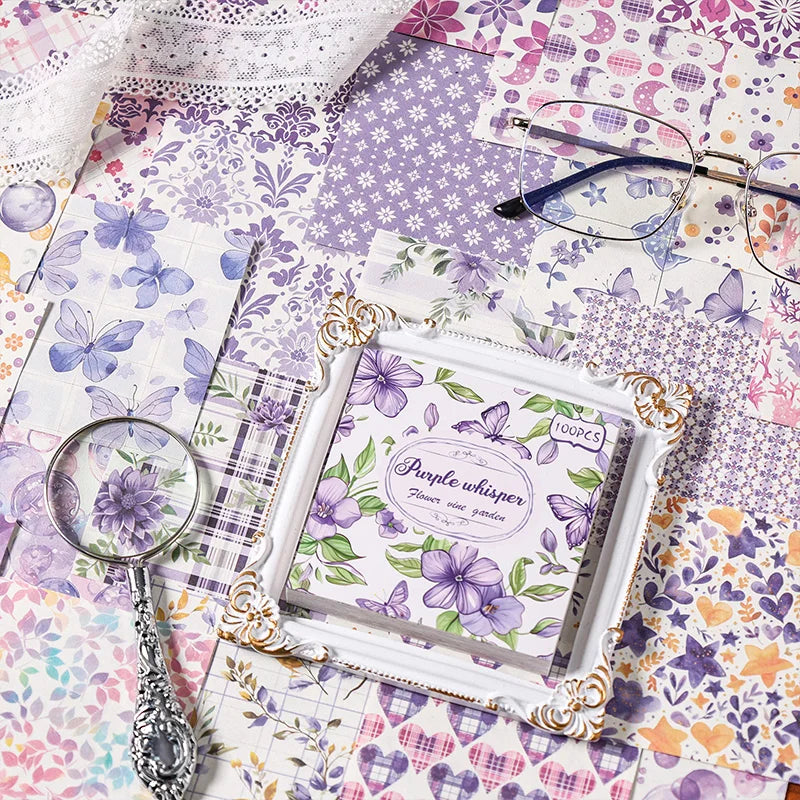 A vintage paper pack featuring purple and green floral patterns for junk journals and scrapbooking.