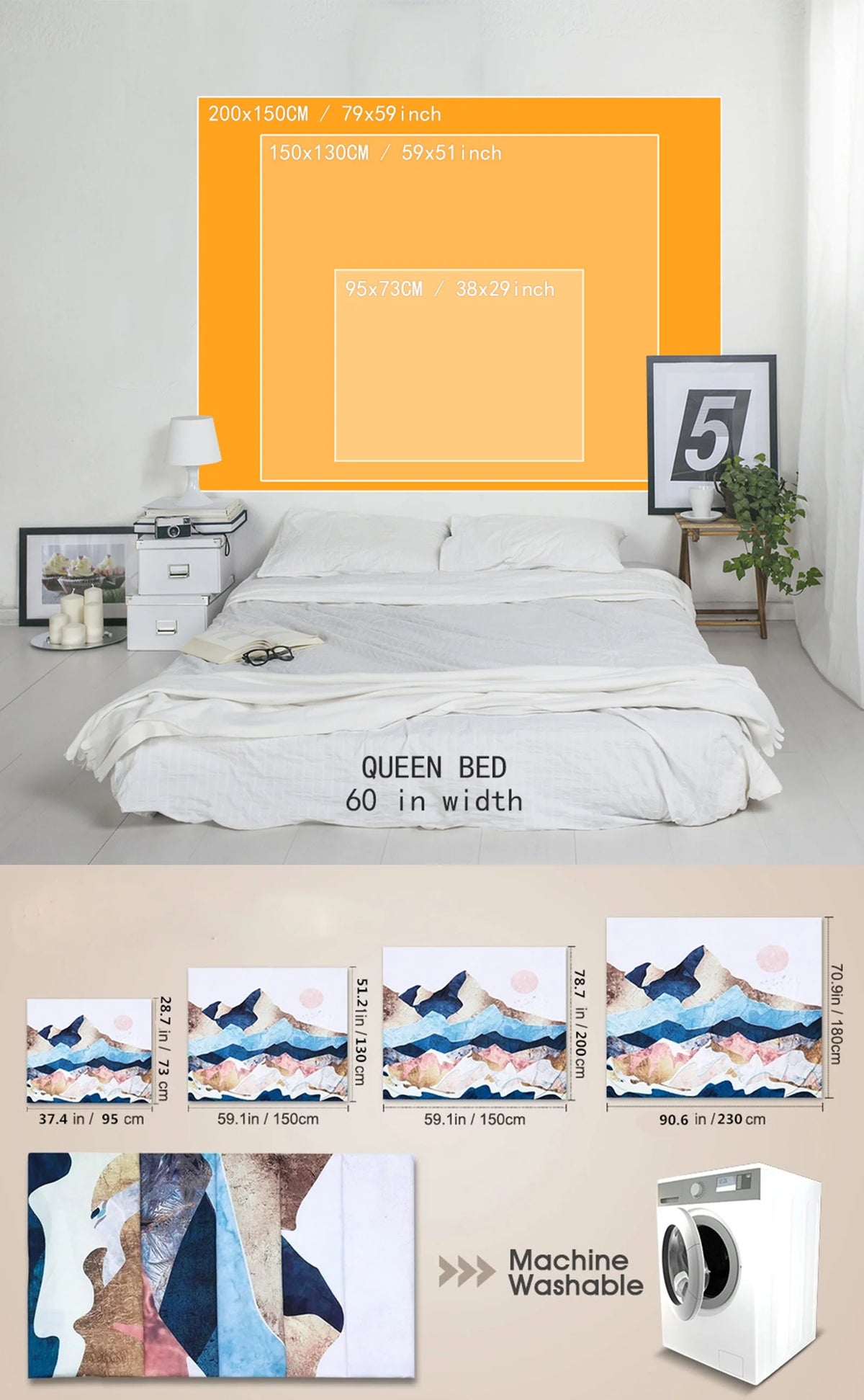 Weißes Queensbett mit weißer Bettdecke und einem großen orange gerahmten Wandteppich in einem hellen Raum.