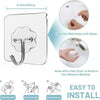 A set of heavy duty self-adhesive wall hooks shown with instructions for cleaning and installation.