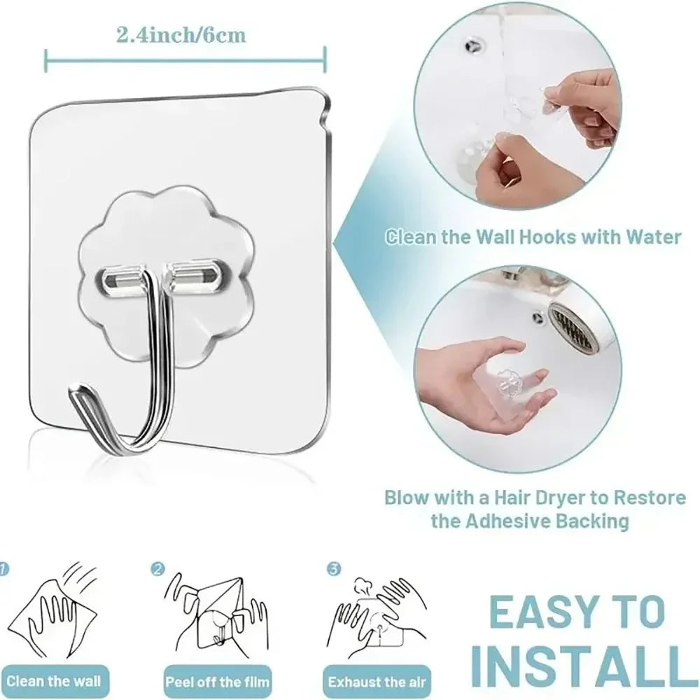 A set of heavy duty self-adhesive wall hooks shown with instructions for cleaning and installation.