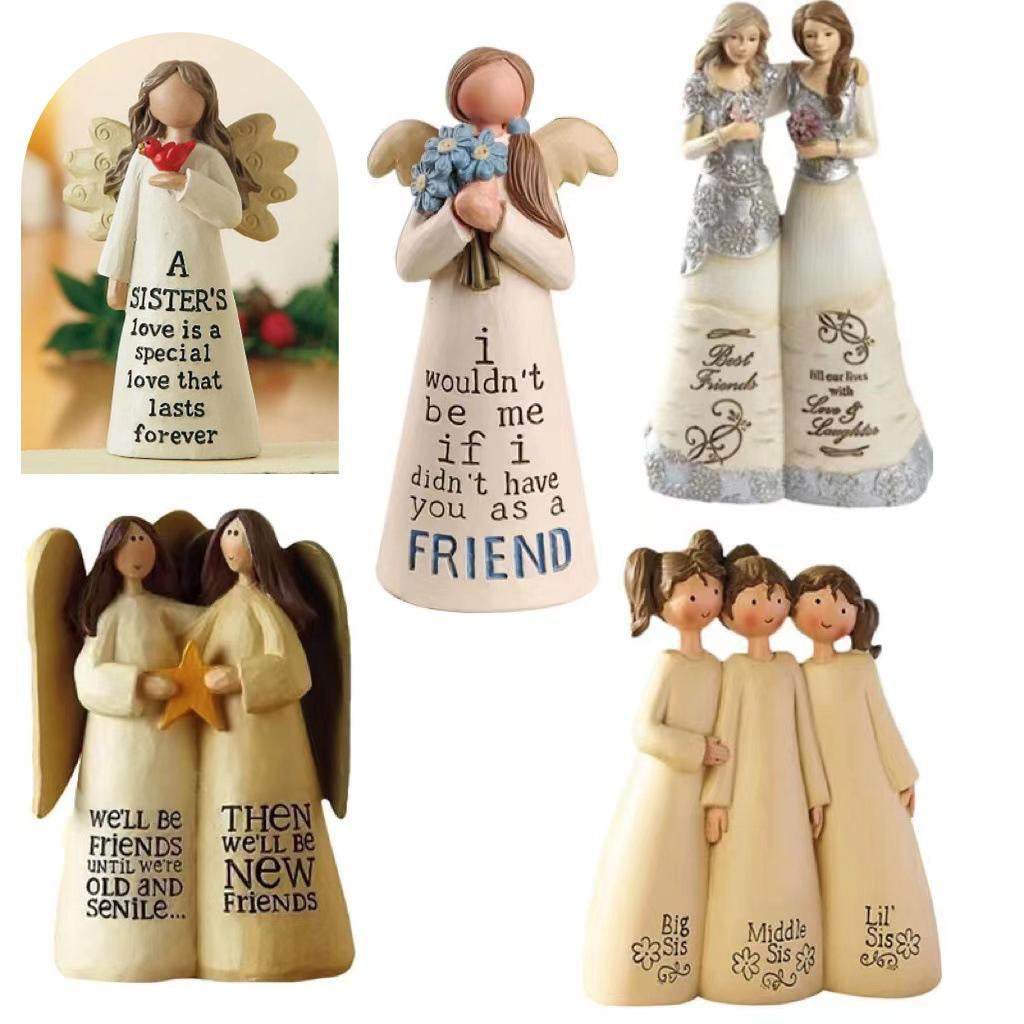 A set of angel friendship statues depicting various sentiments like love and friendship.