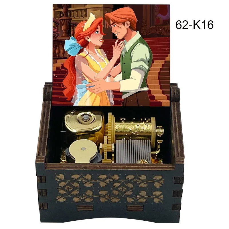 A hand-cranked wooden music box featuring an illustration of a couple in historical attire.