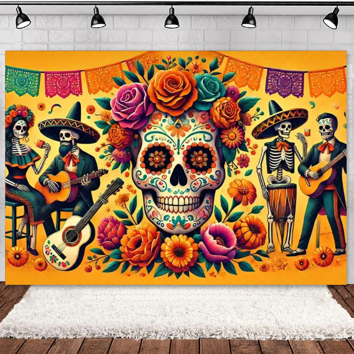 Day of the Dead Skeleton & Floral Backdrop for Party Photo Booth