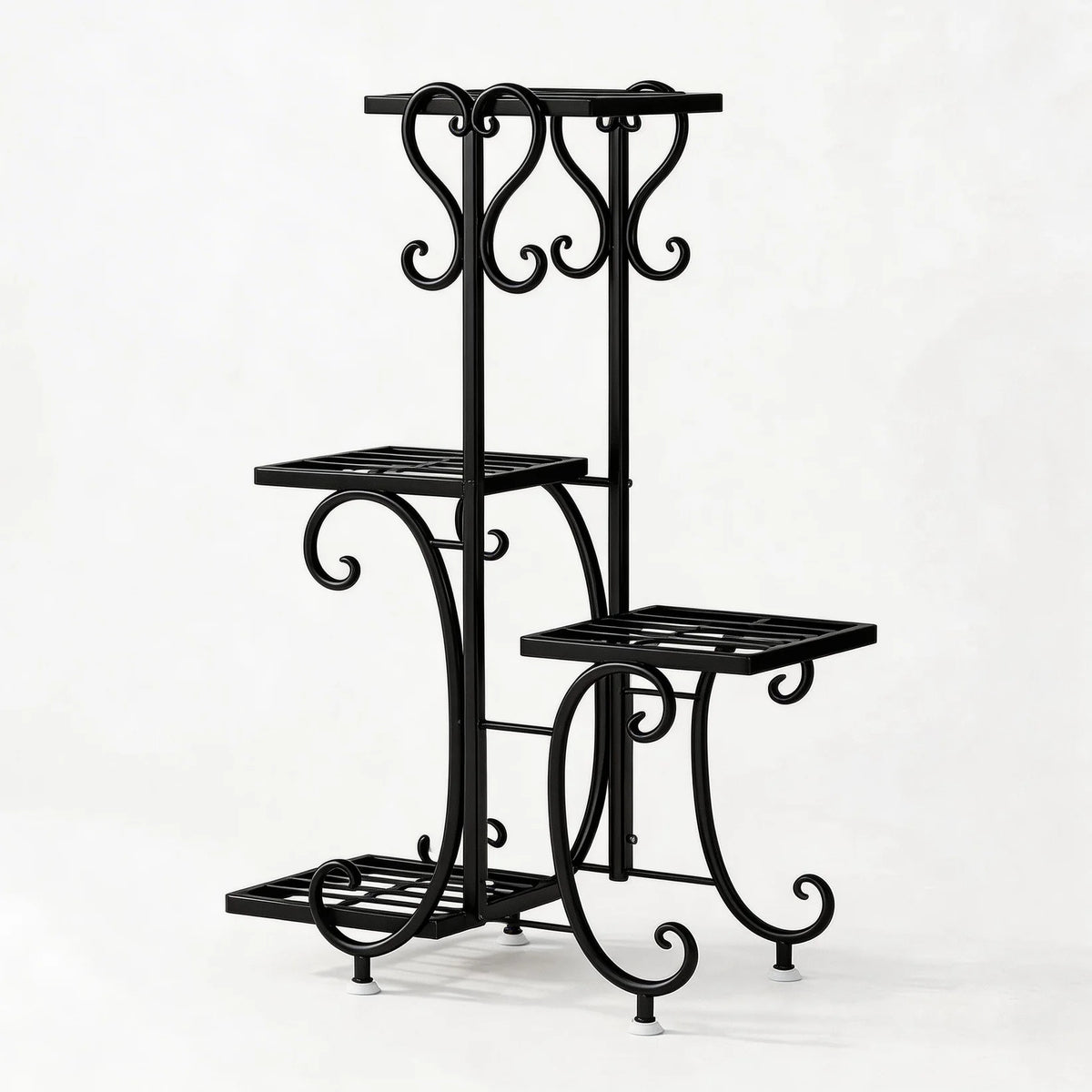 A black metal corner plant stand with four tiers for indoor and outdoor use.