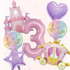 A set of seven pink balloons shaped like a castle, the number three, and a star for birthday parties.