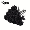 A bunch of 10 artificial black roses used for home decor.