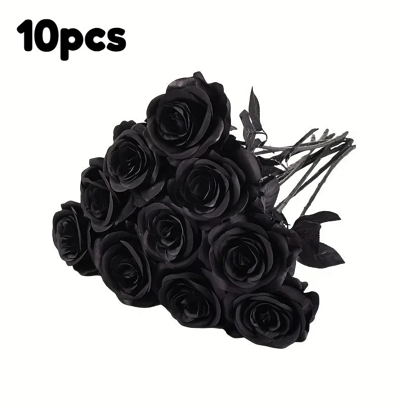 A bunch of 10 artificial black roses used for home decor.