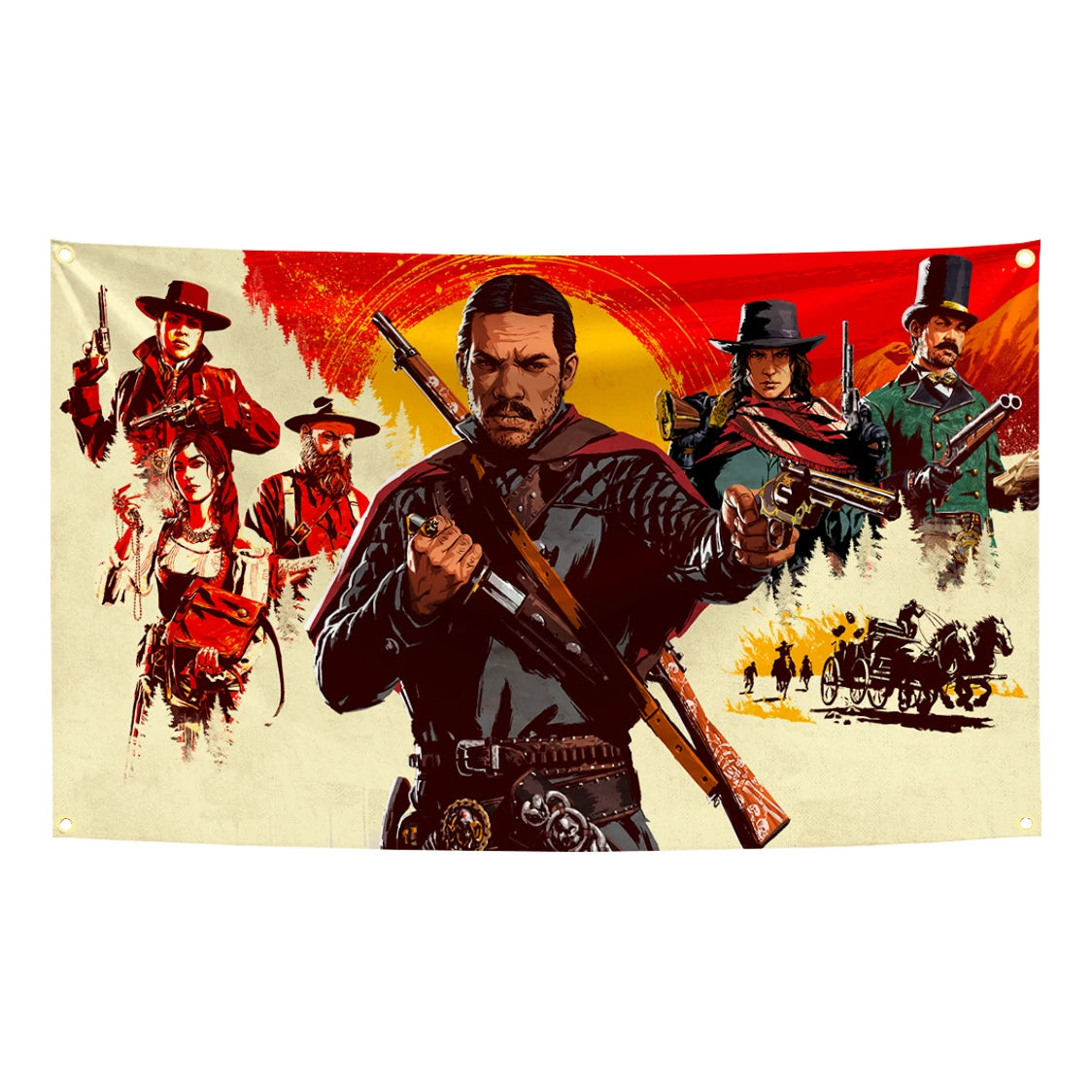 A vibrant tapestry featuring characters from Red Dead Redemption 2 in a Western theme.