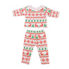 A festive Christmas outfit set for dolls featuring red and green patterns on a white background.