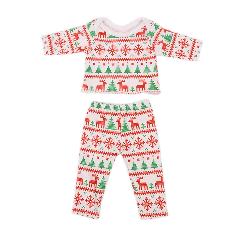 A festive Christmas outfit set for dolls featuring red and green patterns on a white background.