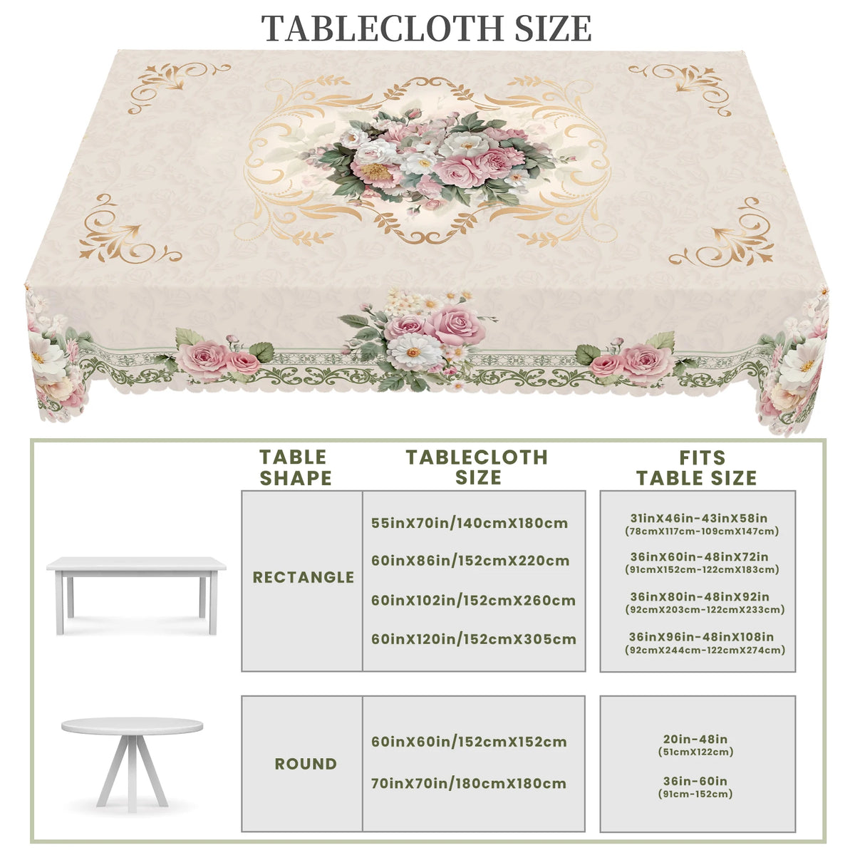 A vintage French floral tablecloth displayed on a rectangular table, showing various table shapes and sizes.