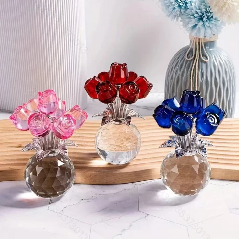 A display of crystal rose decorative flowers in various shades of pink, red, and blue
