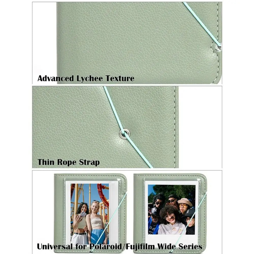 A light green photo album with a textured PU cover and thin rope strap, shown next to a Polaroid-style photo print.