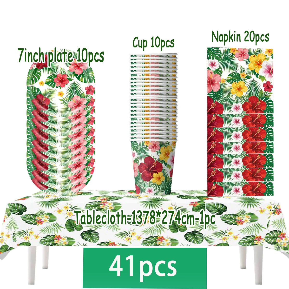 A set of tropical hibiscus tableware including plates, cups, and napkins displayed on a table.