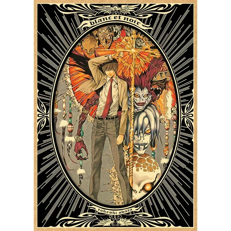 Vintage anime canvas wall art featuring a dark, dramatic illustration of characters and stylized sun rays.