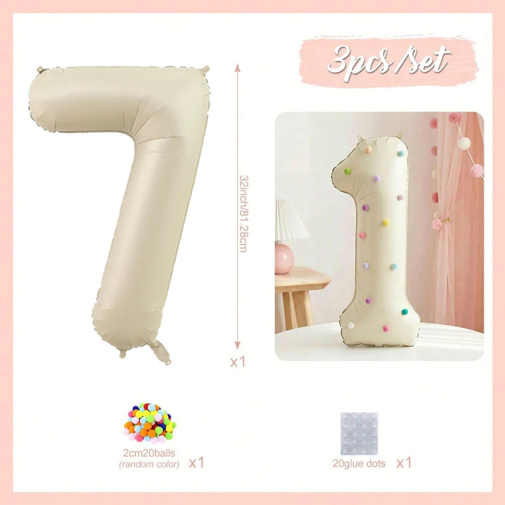 A set of three 32 inch milky white aluminum foil number balloons, including the number seven and two glue dots.