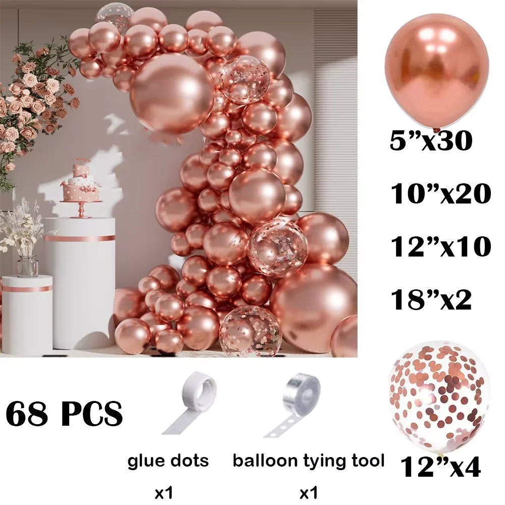 Metallic rose gold balloon garland arch kit with confetti accents and tools