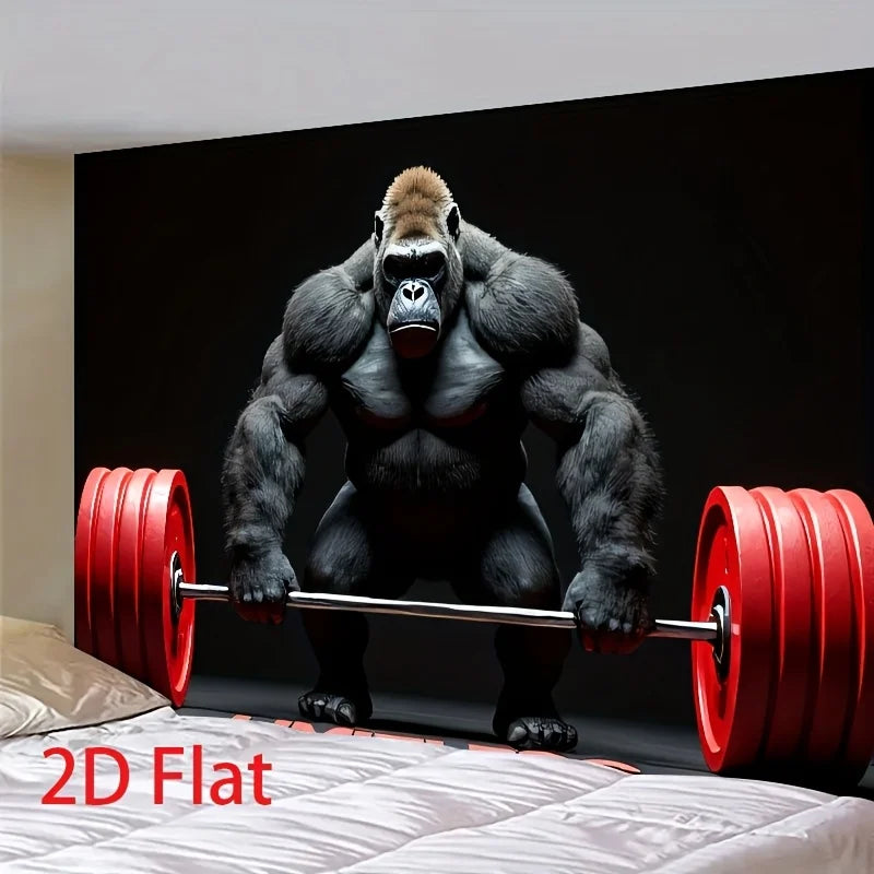 A muscular gorilla figure lifting a barbell against a black backdrop for a 2D flat weightlifting banner.