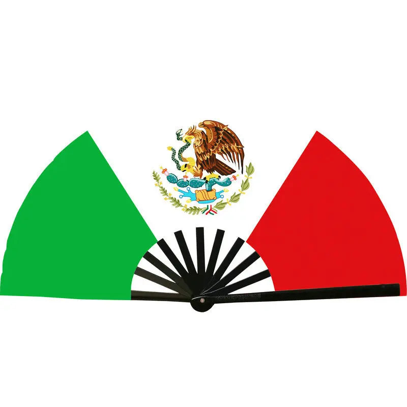 A decorative fan featuring green and red sections with a central emblem of an eagle.
