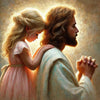 A painting depicting Jesus and a young girl, rendered in warm tones with a golden halo.