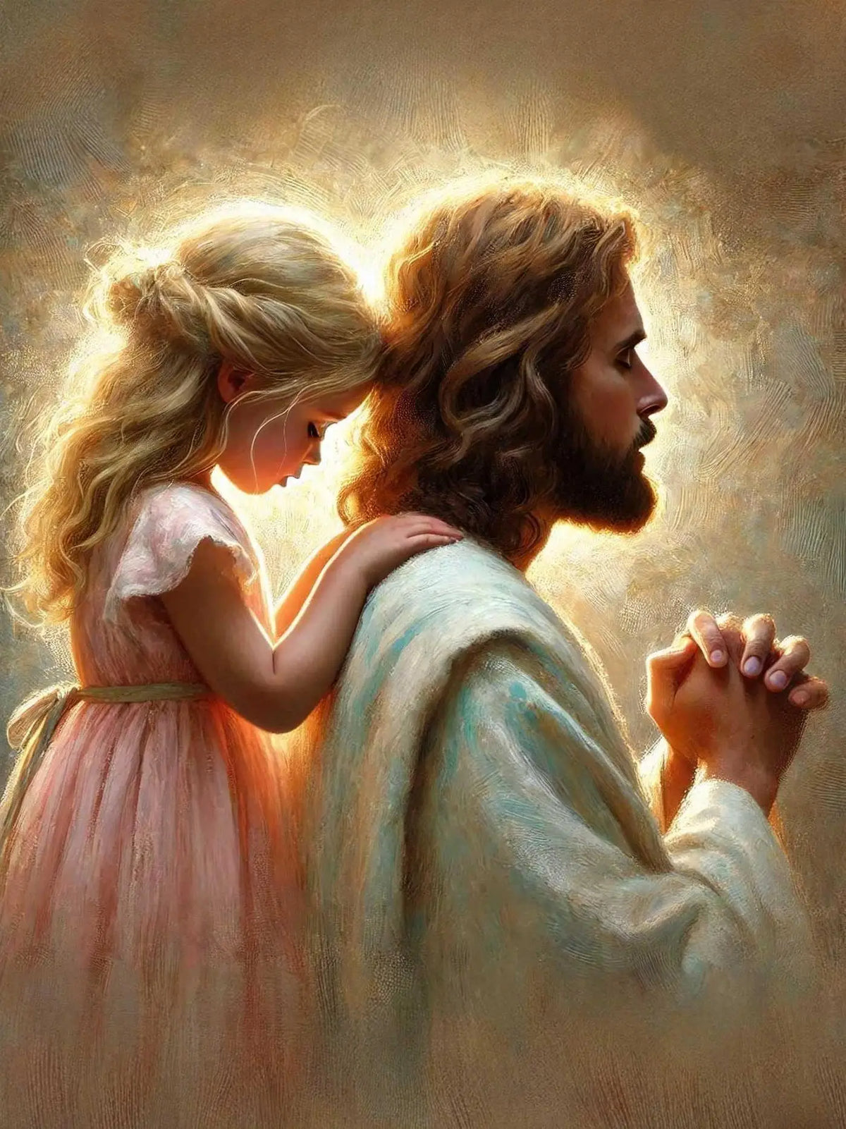 A painting depicting Jesus and a young girl, rendered in warm tones with a golden halo.